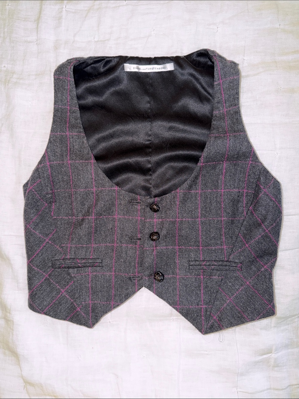 Diane Von Furstenberg Gray Vest with Pink Windowpane